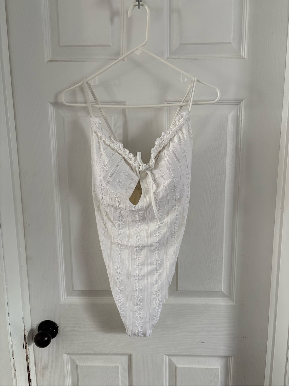 aerie White Embroidered Tie-Front Bodysuit